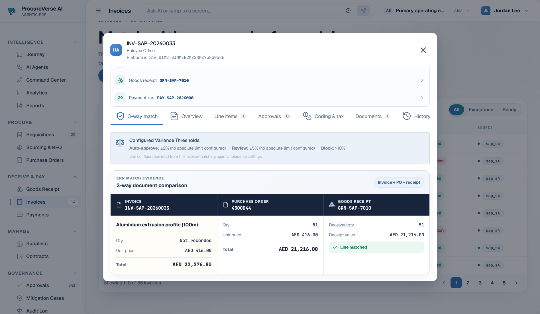 ProcureVerse invoice three-way matching detail