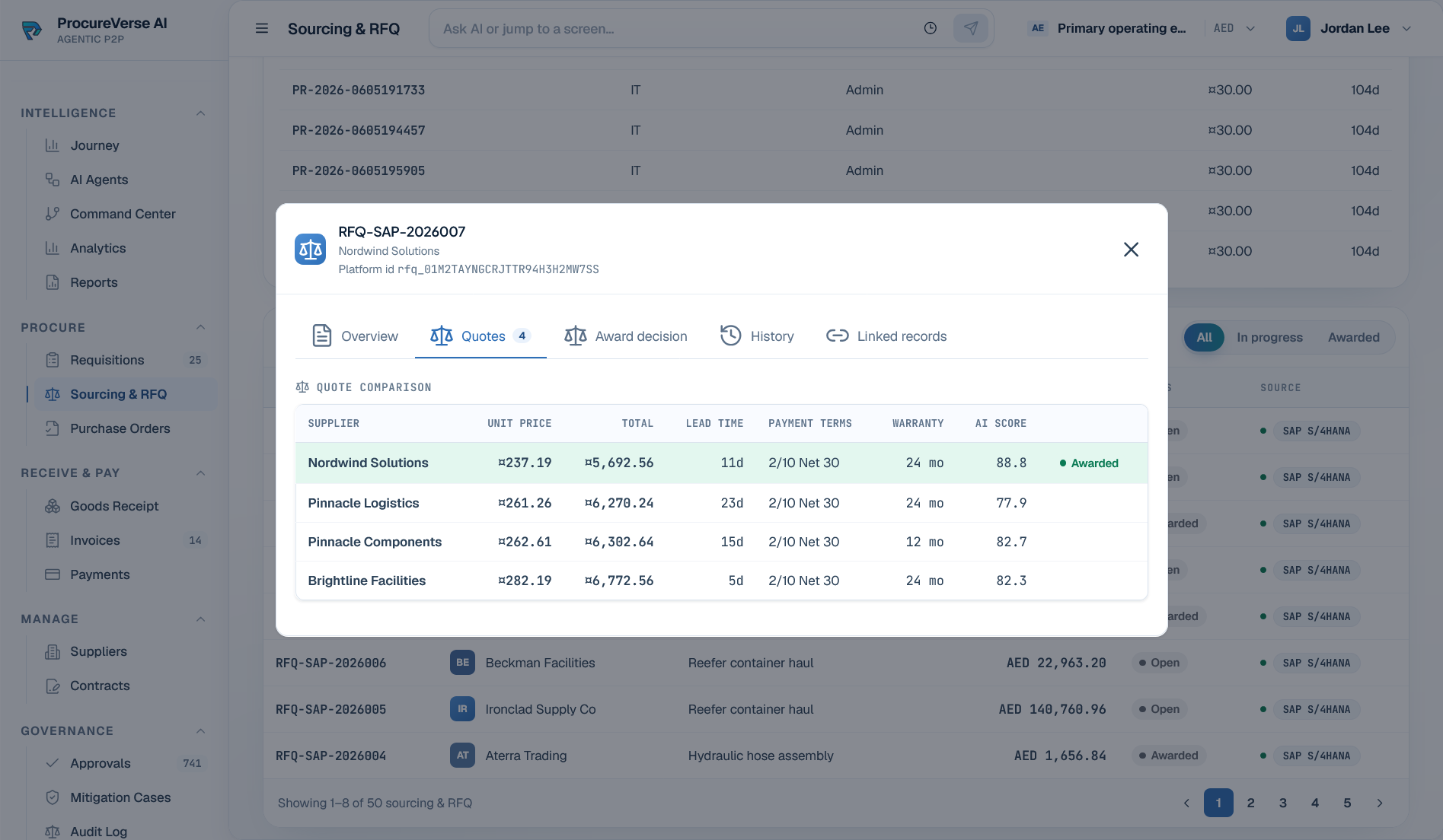 ProcureVerse sourcing quote comparison