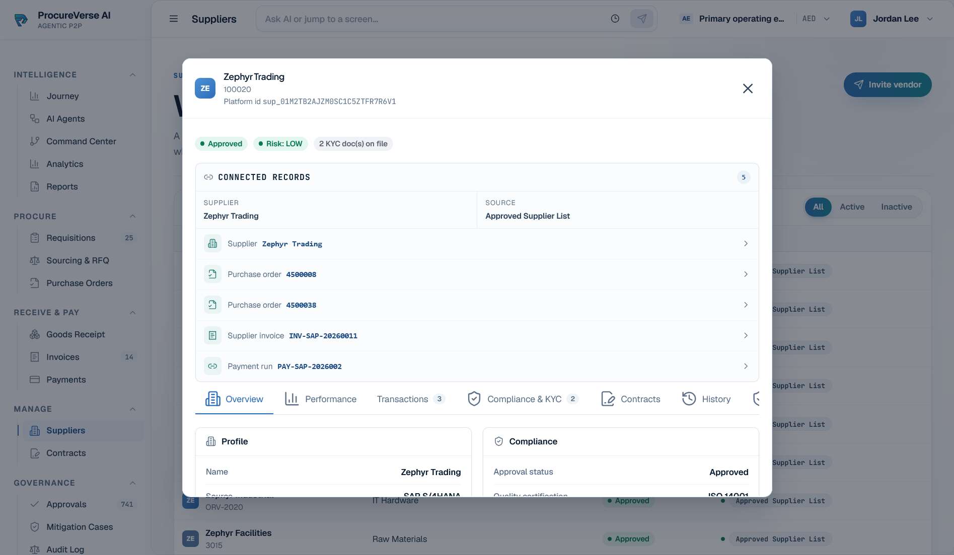 ProcureVerse supplier detail and connected records
