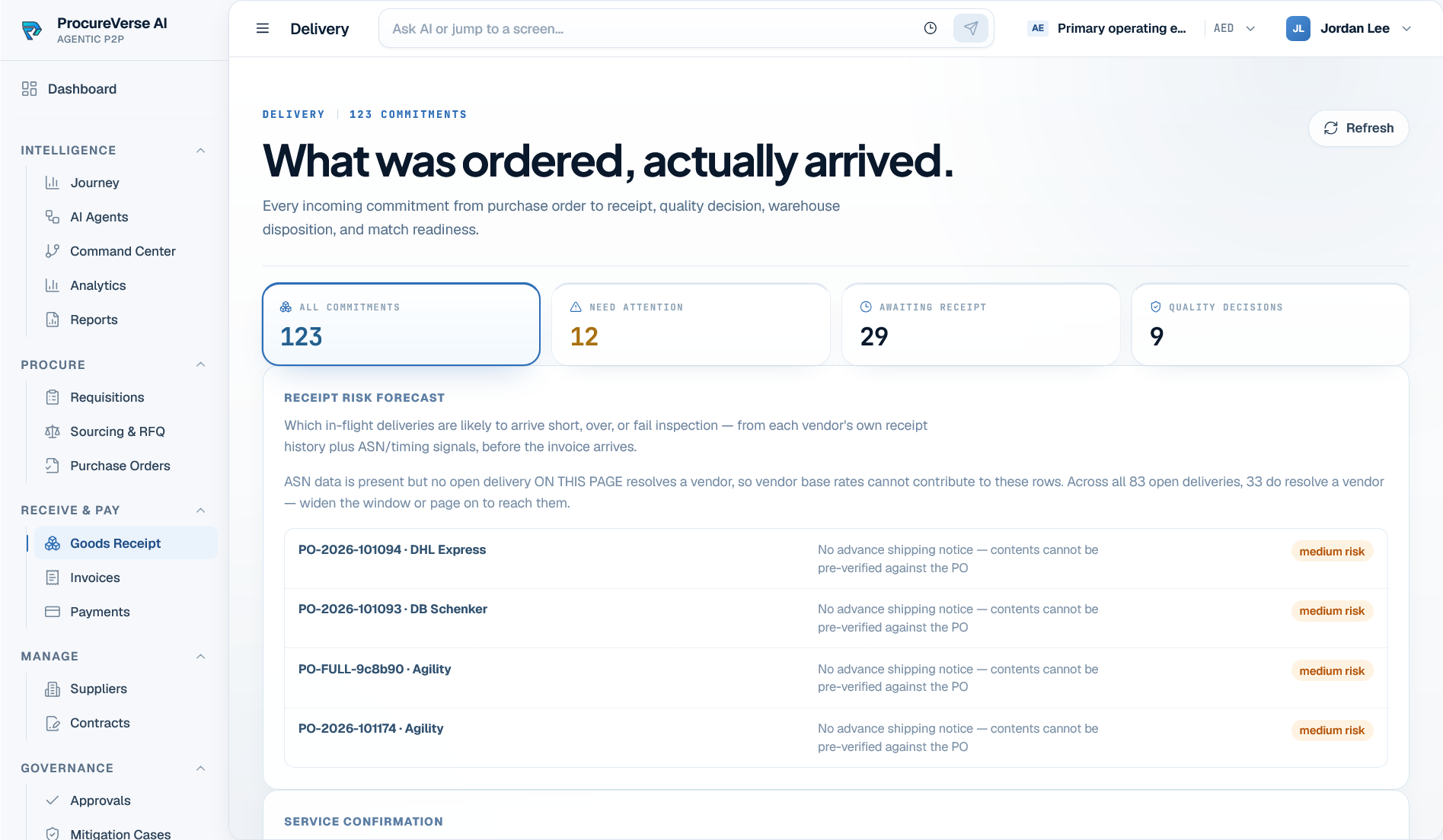 ProcureVerse goods receipt workspace