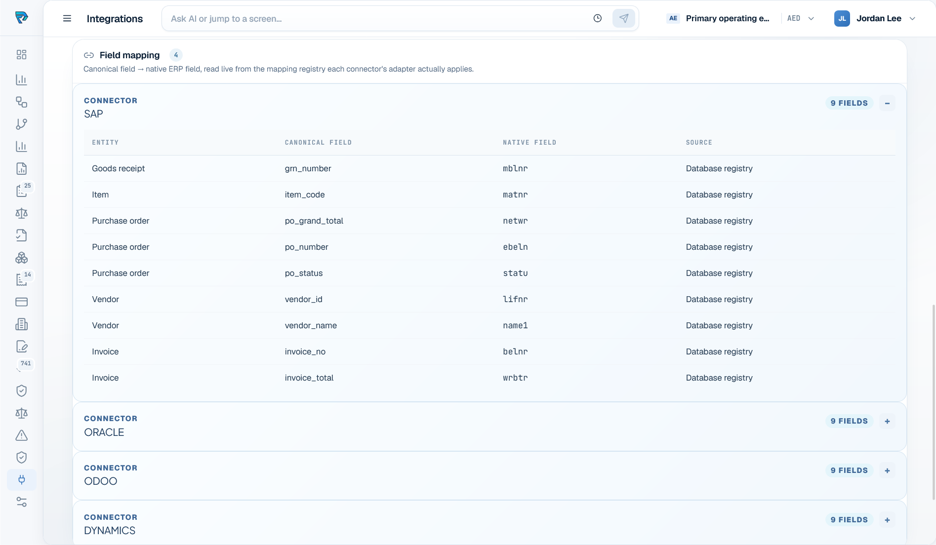 ProcureVerse canonical to native ERP field mapping registry