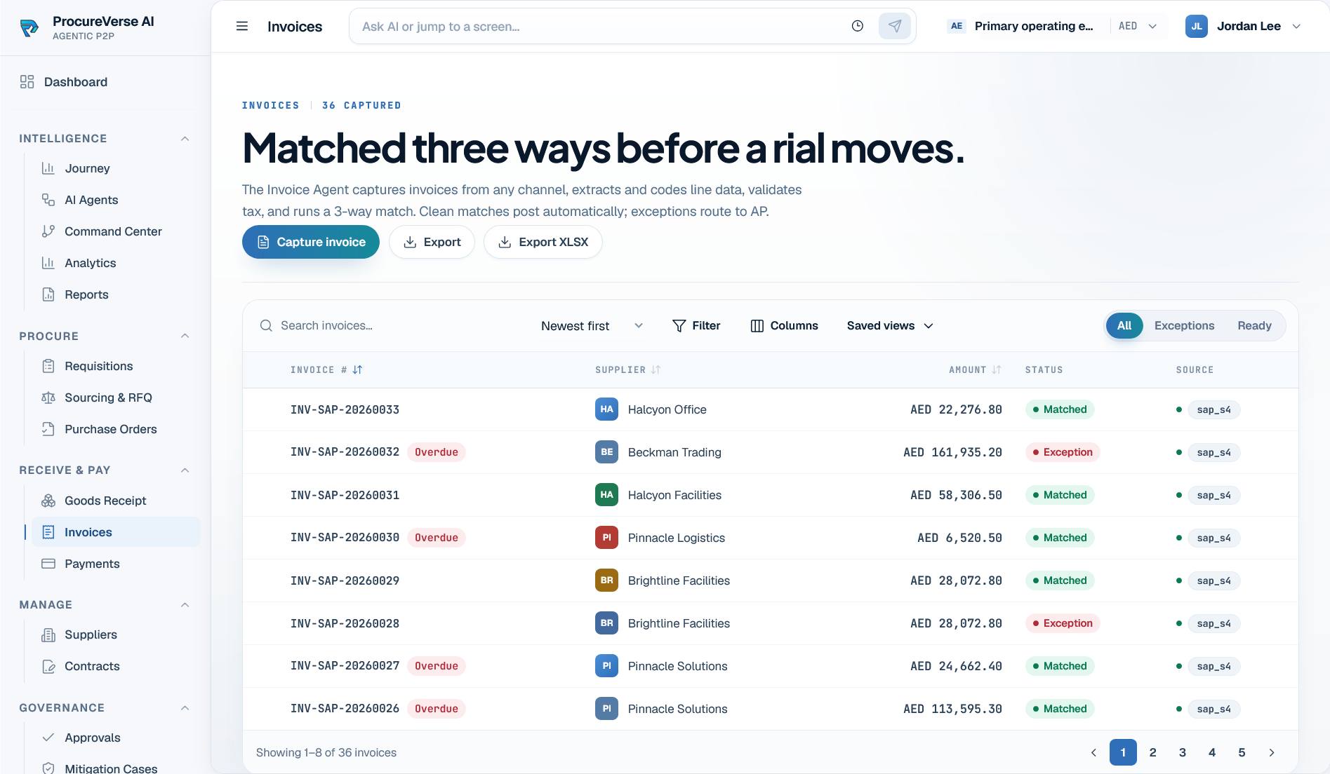 ProcureVerse invoice workspace with exceptions