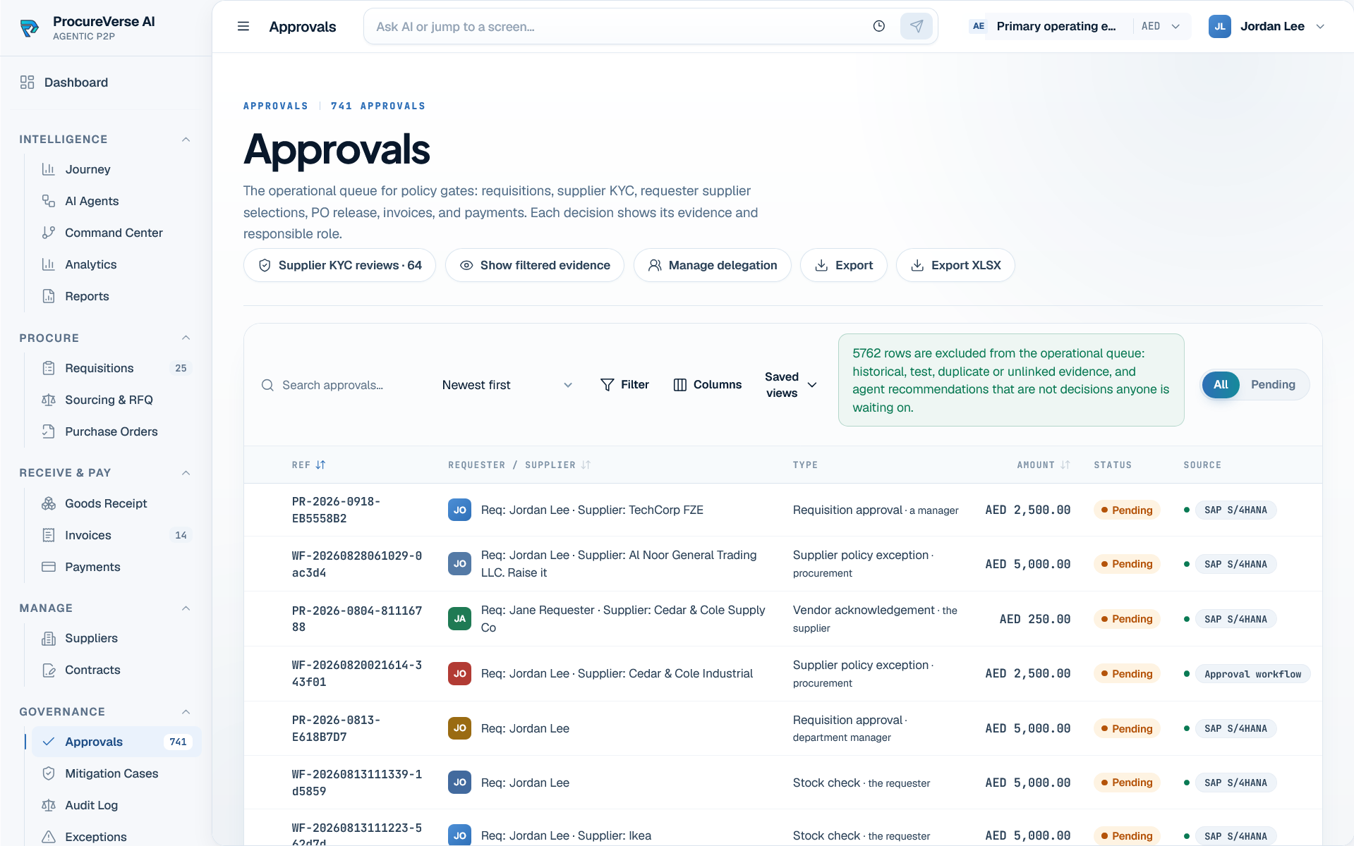 ProcureVerse approvals queue with policy decisions and responsible roles