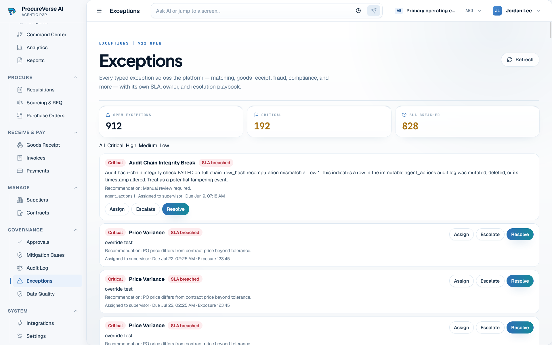 ProcureVerse exceptions workspace with severity, SLA, owner, and resolution actions