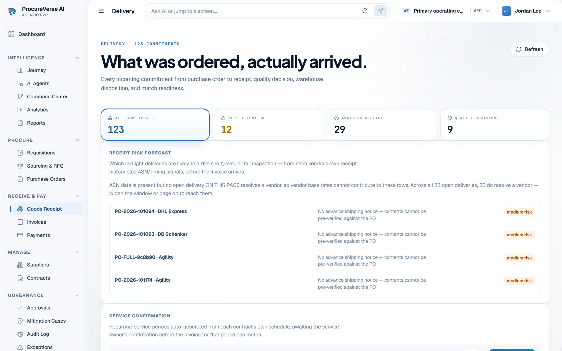 ProcureVerse delivery and goods receipt workspace with commitment and risk signals