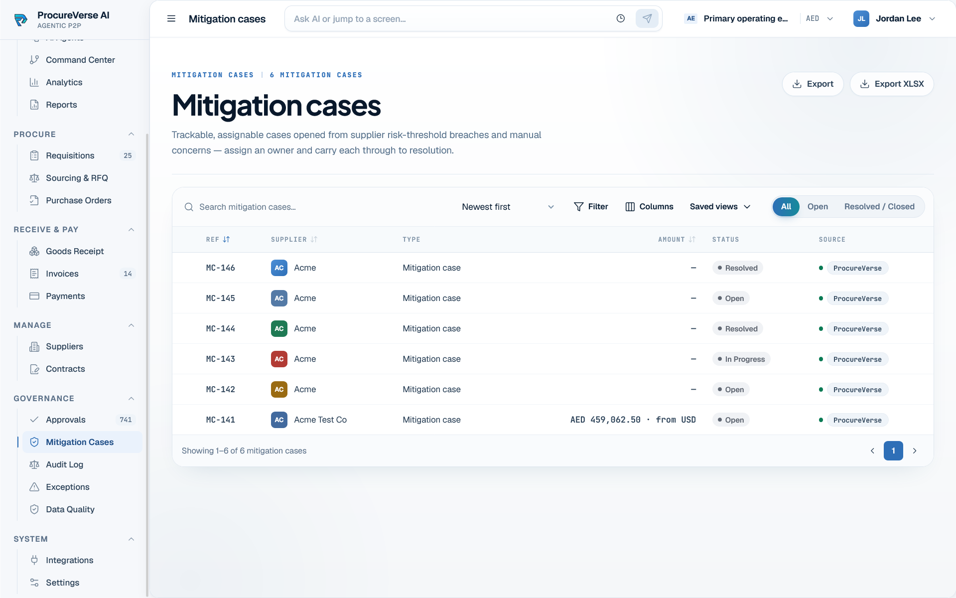 ProcureVerse mitigation cases list with owners and resolution status
