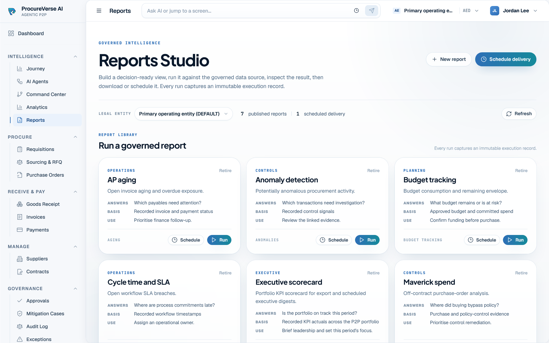 ProcureVerse Reports Studio with governed report templates and scheduled delivery