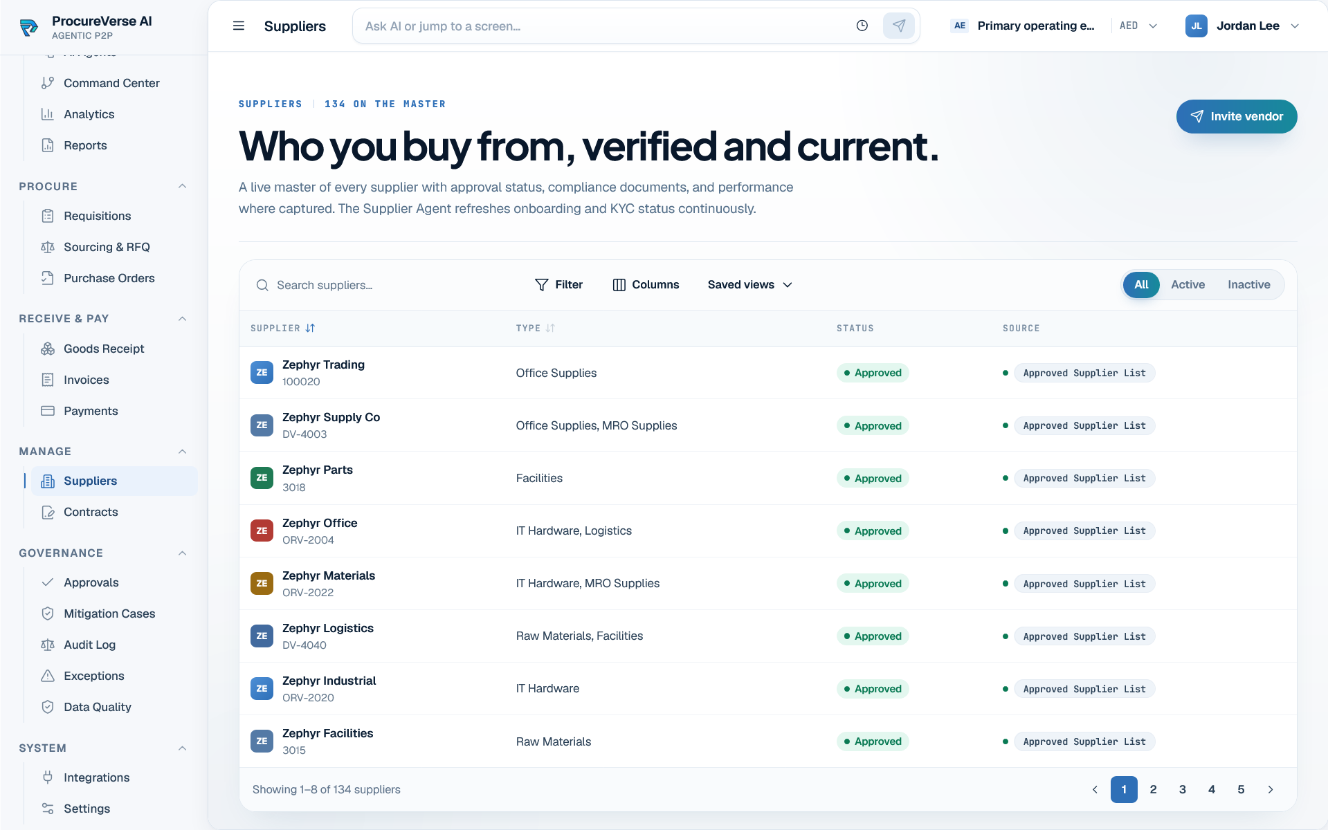 ProcureVerse supplier master showing verified vendors and source status