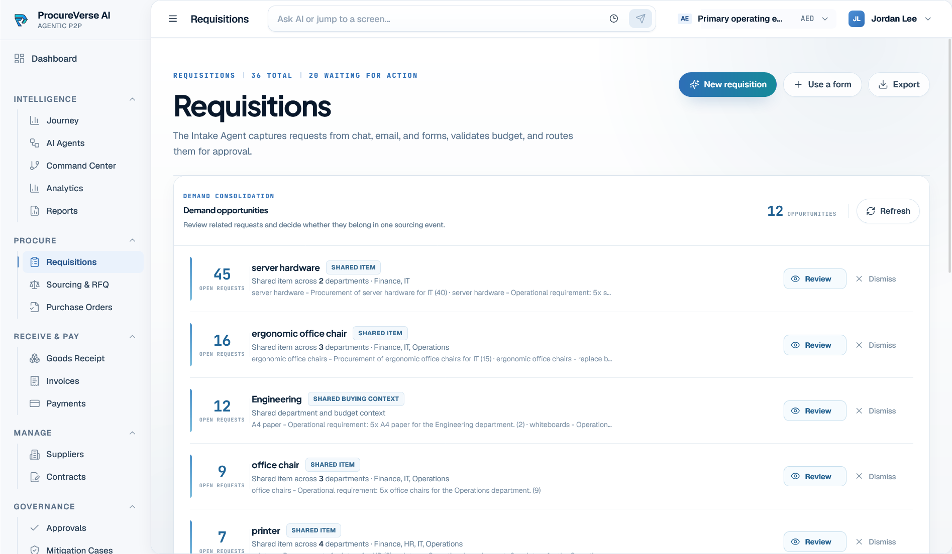 ProcureVerse requisitions and demand consolidation workspace