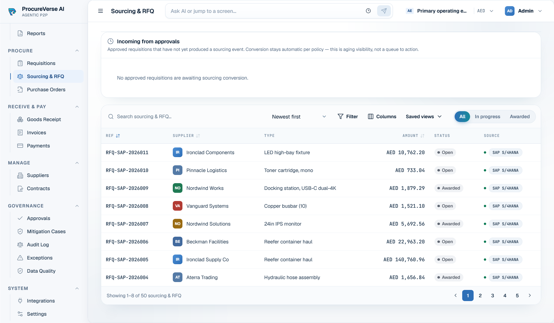 ProcureVerse sourcing and RFQ workspace
